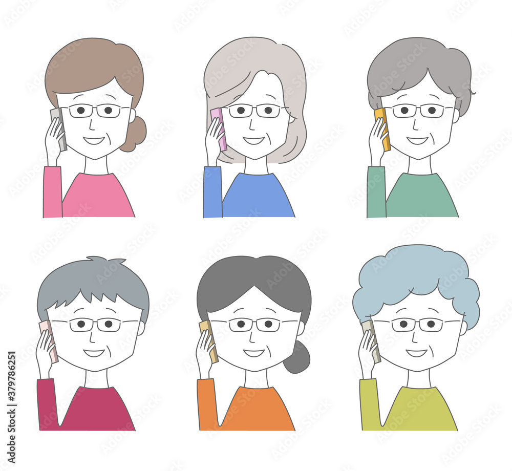 Middle aged women wearing glasses on the phone with their friends. Vector illustration isolated on white background. Middle aged women wearing glasses on the phone with their friends. Vector illustration isolated on white background.