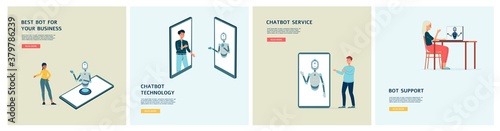 Set of posters with chatbot or robot virtual assistance flat vector illustration.