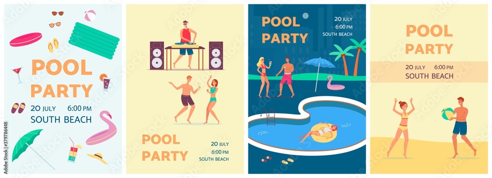 Set of banners or posters for summer pool party flat vector illustration. Set of banners or posters for summer pool party flat vector illustration.