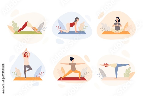 Pregnancy or prenatal yoga set of characters flat vector illustration isolated.