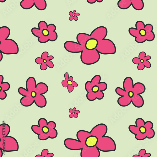 Hand-drawn doodle pattern with red flowers for web design, textile and wrapping. Vector background