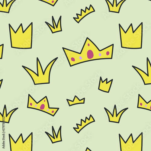 Hand-drawn doodle pattern with crowns for web design, textile and wrapping. Vector background