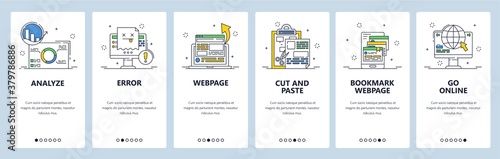 Website analysis, error, bookmark menu. Go online. Mobile app onboarding screens, vector website banner template.