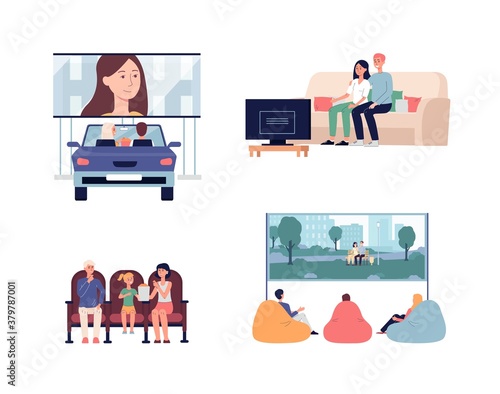 People watching movie in cinema and at home, flat vector illustration isolated.