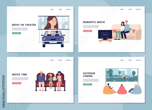 Set website pages for in-drive cinema and movie theater flat vector illustration.
