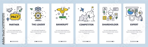Business partner, leader, competitor, shareholder, expert, bankrupt. Mobile app screens, vector website banner template.