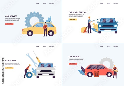 Car maintenance sites with mechanics servicing cars flat vector illustration.