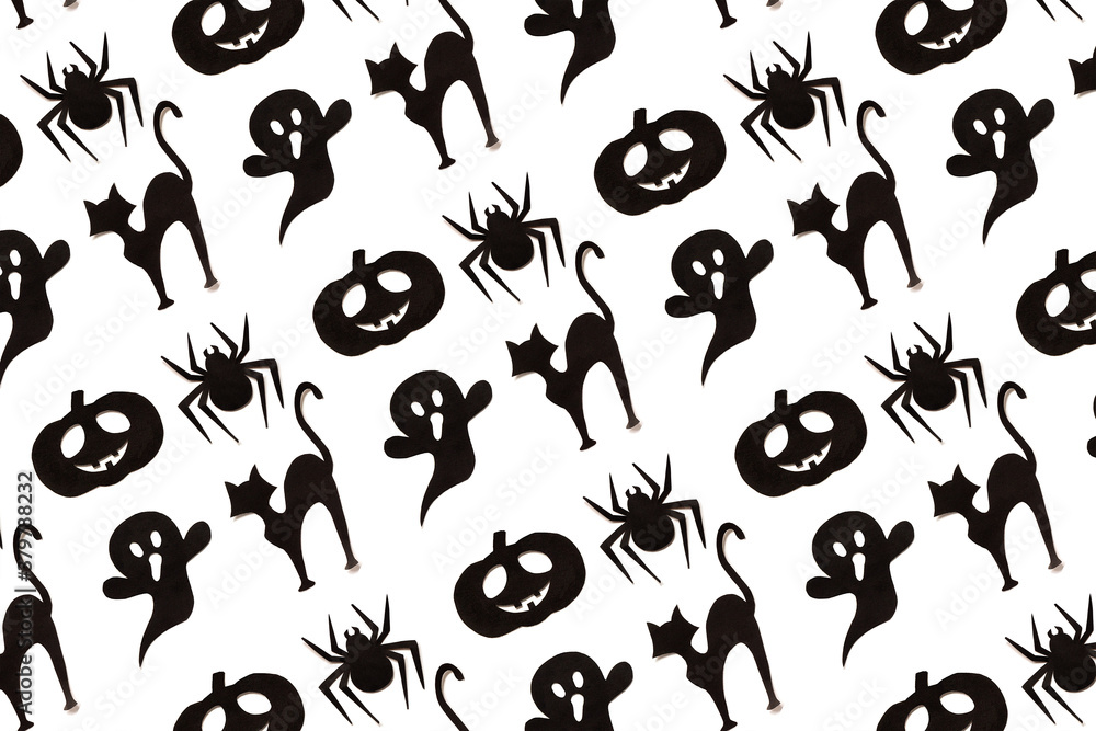 Halloween pattern. Cartoon black collection on white background. Paper art. Happy hallowen holiday concept Halloween pattern. Cartoon black collection on white background. Paper art. Happy hallowen holiday concept