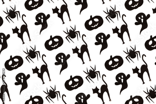 Halloween pattern. Cartoon black collection on white background. Paper art. Happy hallowen holiday concept