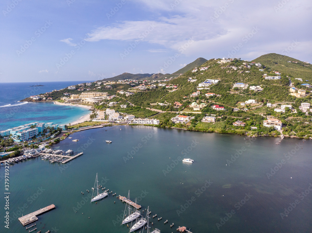 Aerial view of the Caribbean island of Sint maarten /Saint Martin. Aerial view of oyster pond and dawn beach city scape on st.maarten.