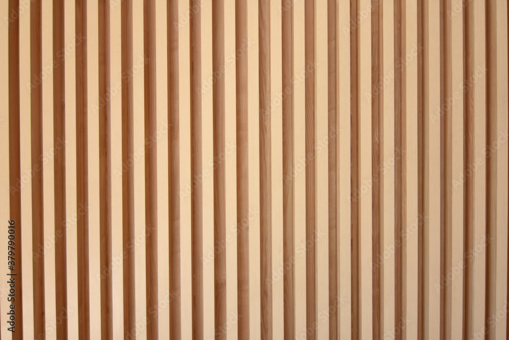 Light brown slats of wood. Lines of wooden slats form a striped texture  pattern. Line shaped wood texture Stock Photo