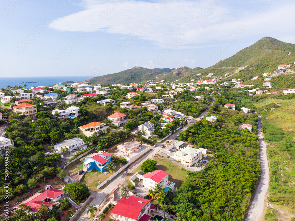 Aerial view of the Caribbean island of Sint maarten /Saint Martin. Aerial view of oyster pond and dawn beach city scape on st.maarten.