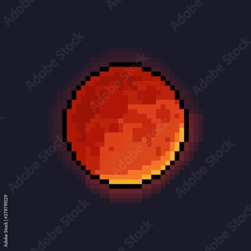 Pixel art cartoon blood moon with glowing light.