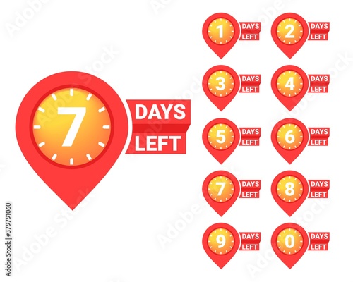 Set of days left countdown with pin, for sale or retail. Illustration vector
