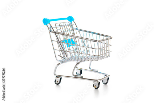 Stainless steel cart. Food shopping basket for retail market. Empty trolley cart for supermarket isolated on white background. Sale buy mall market shop consumer concept. Copy space.