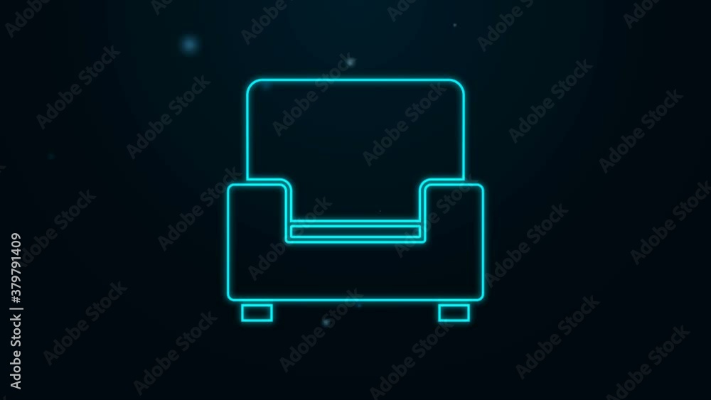 Glowing neon line Armchair icon isolated on black background. 4K Video motion graphic animation Glowing neon line Armchair icon isolated on black background. 4K Video motion graphic animation