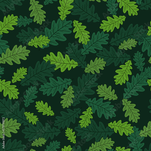 Oak Leaf Seamless Pattern on Green Background