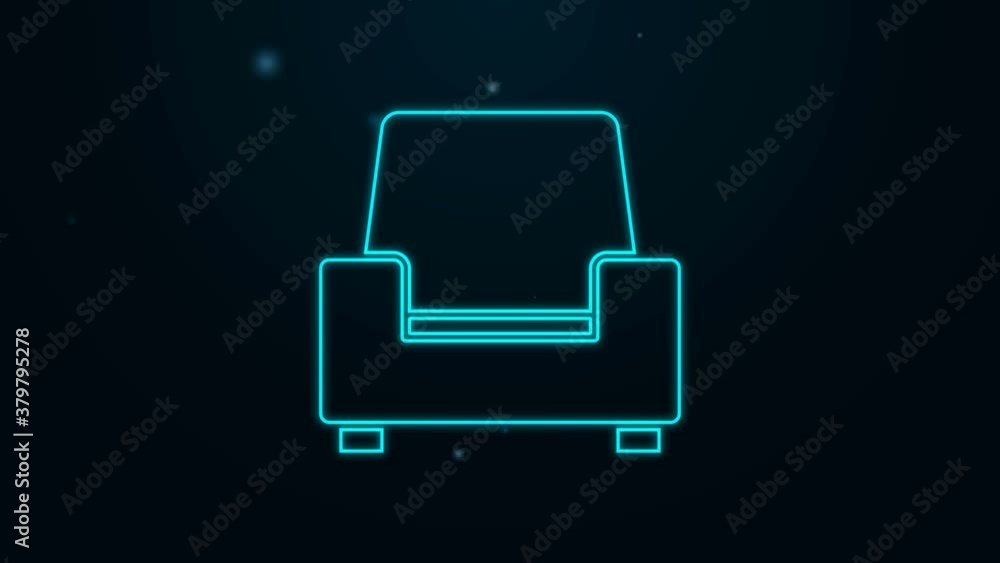 Glowing neon line Armchair icon isolated on black background. 4K Video motion graphic animation Glowing neon line Armchair icon isolated on black background. 4K Video motion graphic animation