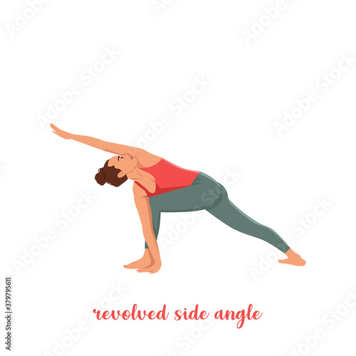 Girl doing yoga pose,Revolved Side Angle Pose Parivrtta Parsvakonasana asana in hatha yoga,vector illustration in trendy style