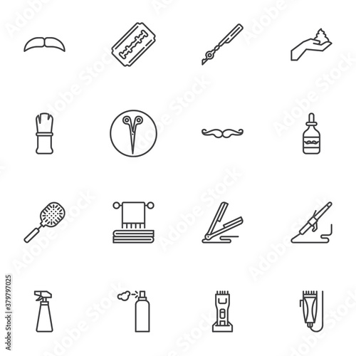 Barber shop supplies line icons set, outline vector symbol collection, linear style pictogram pack. Signs, logo illustration. Set includes icons as shaving razor blade, scissors, hairdressing trimmer