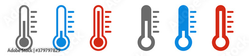 Set of flat linear icons of thermometer with scale. Temperature symbol - low, medium and high. Isolated on white background vector elements.