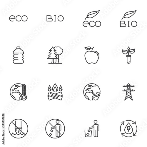 Eco, bio line icons set, outline vector symbol collection, linear style pictogram pack. Signs, logo illustration. Set includes icons as organic food, plastic bottle, global warming, renewable energy