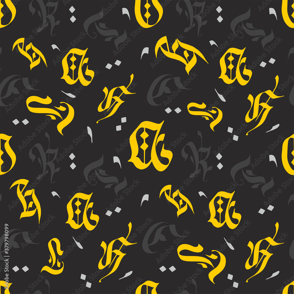 Seamless pattern of gothic letters. Decorative seamless background from letters of the Gothic alphabet on a black background. Seamless pattern of gothic letters. Decorative seamless background from letters of the Gothic alphabet on a black background.