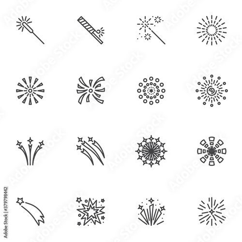 Festive fireworks line icons set, outline vector symbol collection, linear style pictogram pack. Signs, logo illustration. Set includes icons as firecracker petard, rocket, star explosion