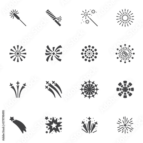 Festive fireworks vector icons set, modern solid symbol collection, filled style pictogram pack. Signs, logo illustration. Set includes icons as firecracker petard, rocket, star explosion