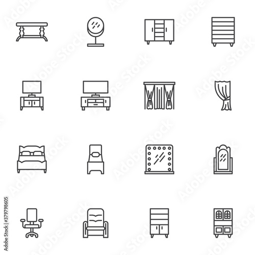 Household furniture line icons set, outline vector symbol collection, linear style pictogram pack. Signs, logo illustration. Set includes icons as curtain, television set, mirror, cupboard, bed, chair © alekseyvanin