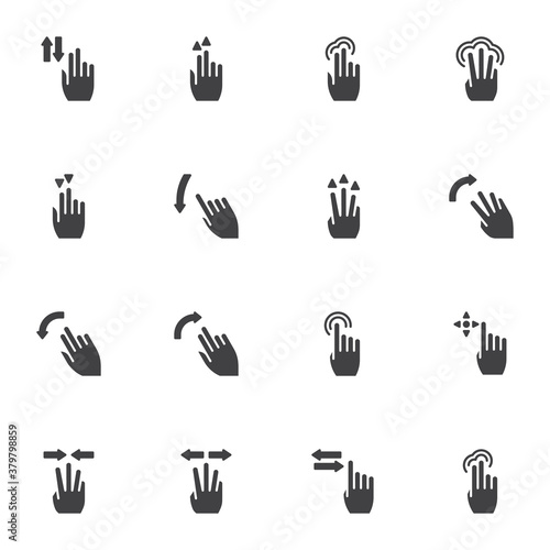 Touch screen hand gestures vector icons set  modern solid symbol collection  filled style pictogram pack. Signs  logo illustration. Set includes icons as finger touch gesture  swipe up hand click