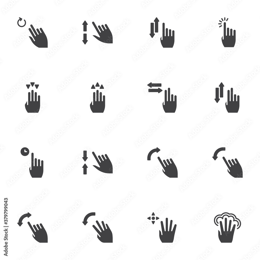 Touchpad gestures vector icons set, modern solid symbol collection, filled style pictogram pack. Signs, logo illustration. Set includes icons as hand touch screen, finger click, swipe up, shuffle tap Touchpad gestures vector icons set, modern solid symbol collection, filled style pictogram pack. Signs, logo illustration. Set includes icons as hand touch screen, finger click, swipe up, shuffle tap