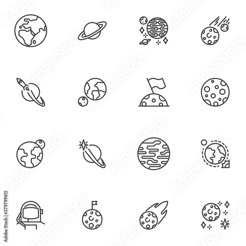 Space planets line icons set, outline vector symbol collection, linear style pictogram pack. Signs, logo illustration. Set includes icons as earth planet, saturn, spaceship, moon with flag, jupiter