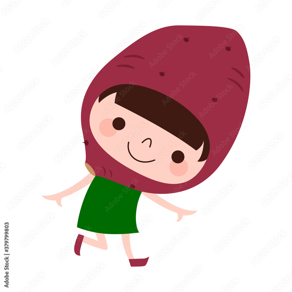 サツマイモのキャラクター 秋野菜のさつま芋の被り物をして楽しそうに踊っている子どものイラスト Stock Vector Adobe Stock