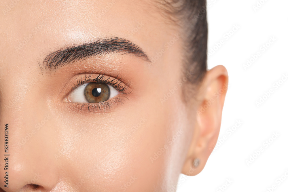 Young woman with beautiful eyelashes on white background, closeup Young woman with beautiful eyelashes on white background, closeup