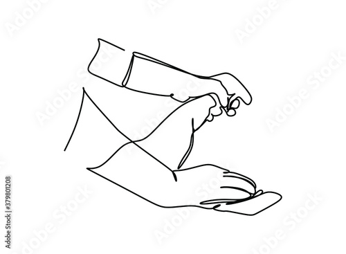 Continuous one line drawing show hands cleaning desk using rag duster cloth. Vector illustration