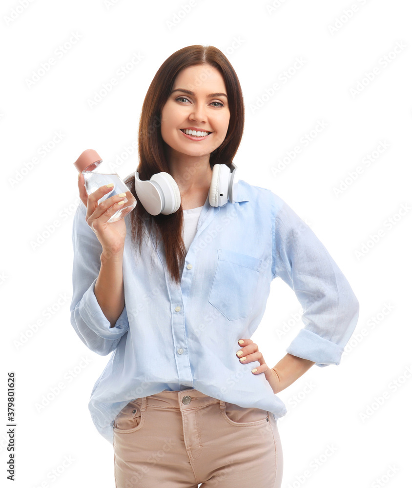 Young woman with bottle of water on white background Young woman with bottle of water on white background