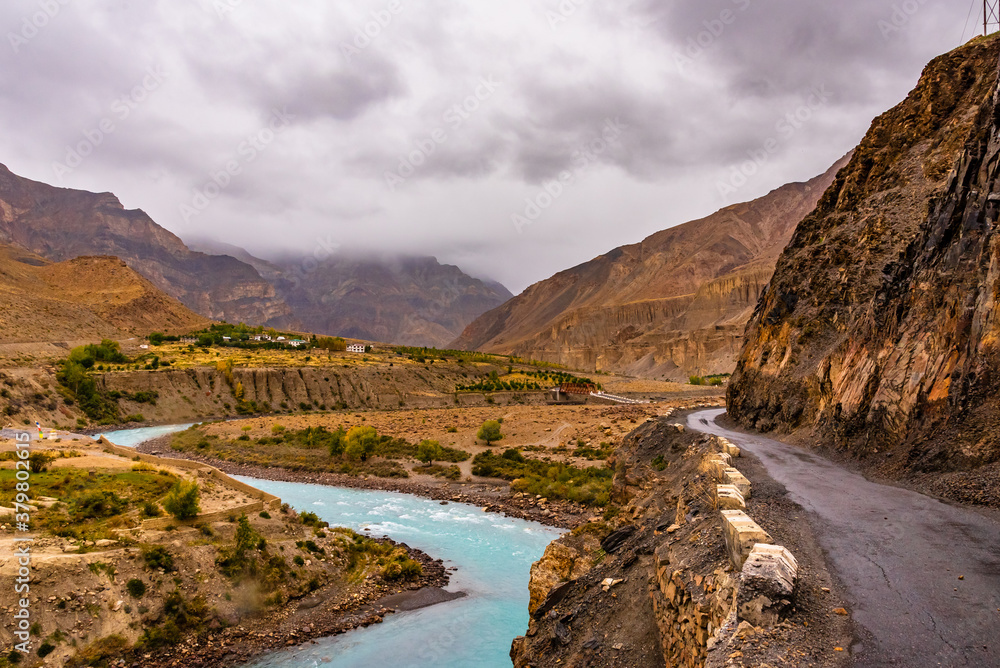 Beautiful landscape view of Spiti river valley enroute Hindustan Tibet road in Lahaul Spiti region of Himalayas in Himachal Pradesh, India.