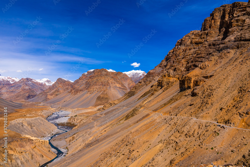 Serene Landscape of Spiti river valley with gully eroded and pinnacle geological weathered landform in cold desert arid region of Trans Himalayas Lahaul & Spiti district of Himachal Pradesh, India.