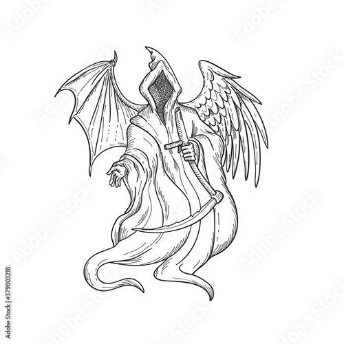 Grim Reaper or Angel of Death with Bird Wing and Bat Wing Black and White Drawing