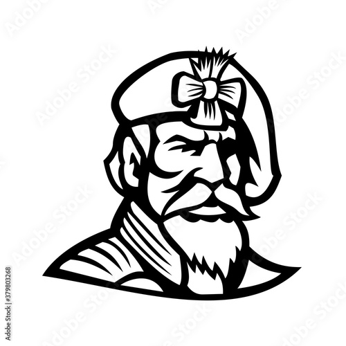 Head of Jacobite Highlander Wearing Beret Mascot Black and White