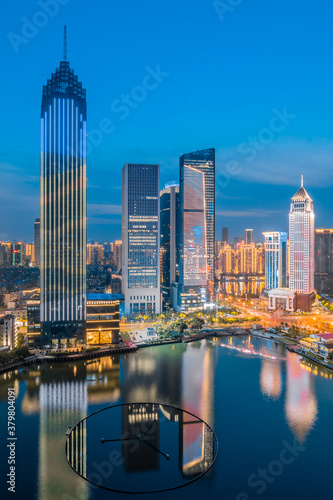 Night view of CBD buildings in Northwest Lake, Hankou, Wuhan, Hubei, China
