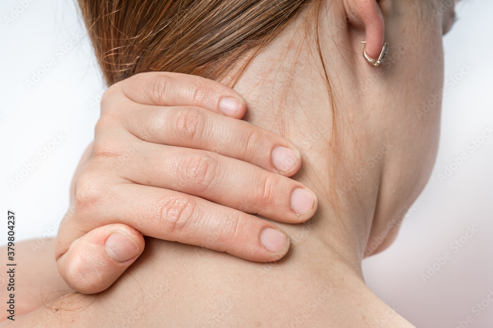 Woman with muscle injury having pain in her neck Woman with muscle injury having pain in her neck