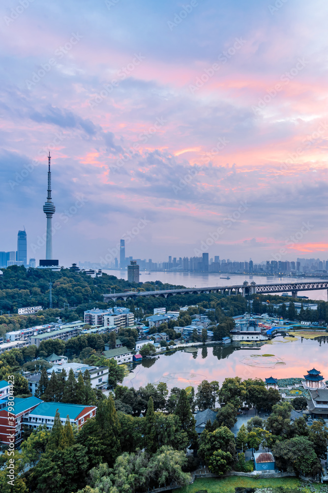 Early morning colorful clouds at Guishan TV Tower and Yangtze River Bridge in Wuhan, Hubei, China