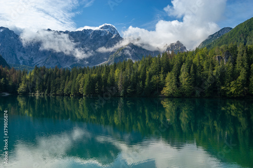 Fototapeta Naklejka Na Ścianę i Meble -   beautiful morning at Lake Laghi di Fusine in the Julian Alps in Italy
