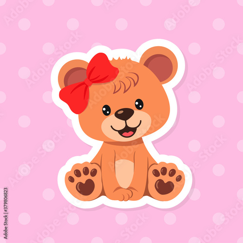 Cute teddy bear girl sticker on pink background