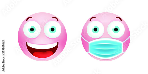 Cute Emoticon with Cartoon Style with Medical Facial Mask on White Background . Isolated Vector Illustration 