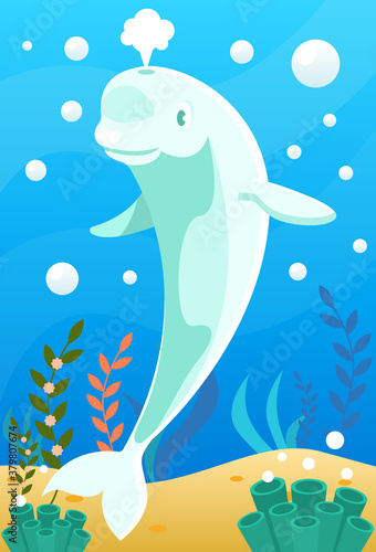 Cute smiling animals and underwater world. Cute beluga whale splashes with stream of water. Undersea world animals, algae and water bubble cartoon vector