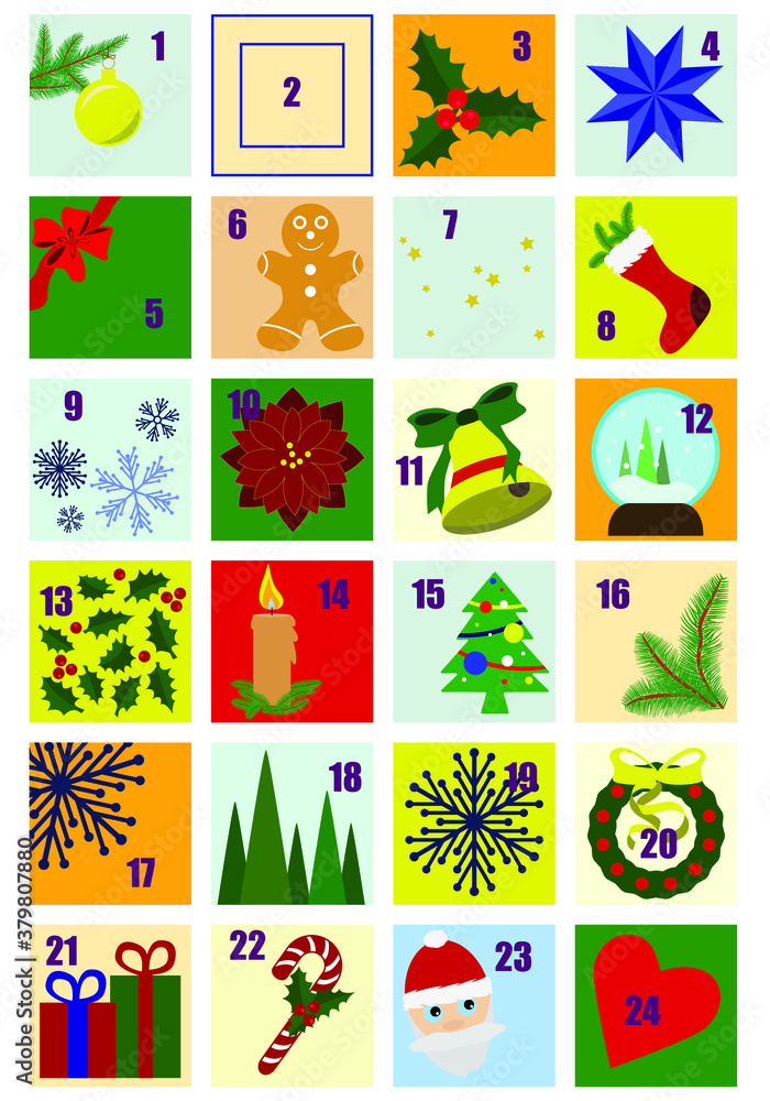Fototapeta premium Calendar of december withdifferent picture on door. Traditional christmas image.