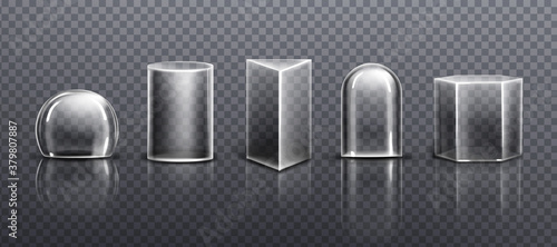 Glass or clear plastic domes different shapes isolated on transparent background. Vector realistic mockup of empty protection cover, acrylic bell jar. Exhibition display cases